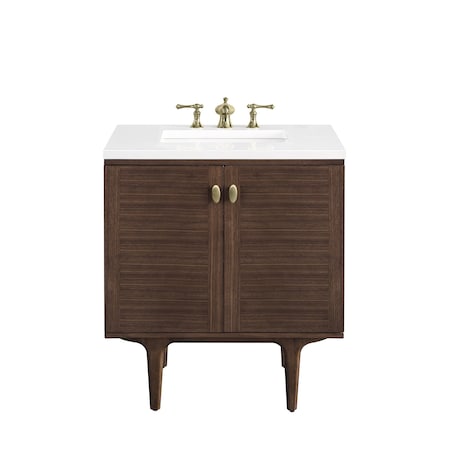 James Martin Vanities Amberly 30in Single Vanity, Mid-Century Walnut w/ 3 CM White Zeus Top 670-V30-WLT-3WZ